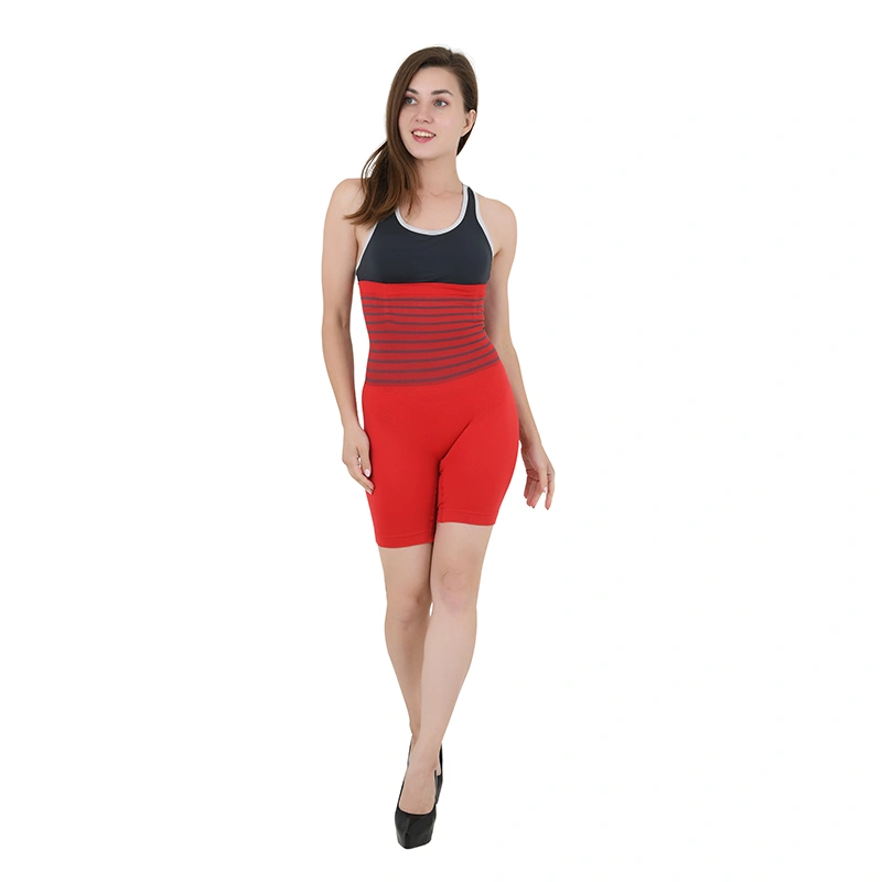 Red seamless body shaper shorts with striped waistband, angled view - shapewear ecommerce photography, Lohar Studio Delhi